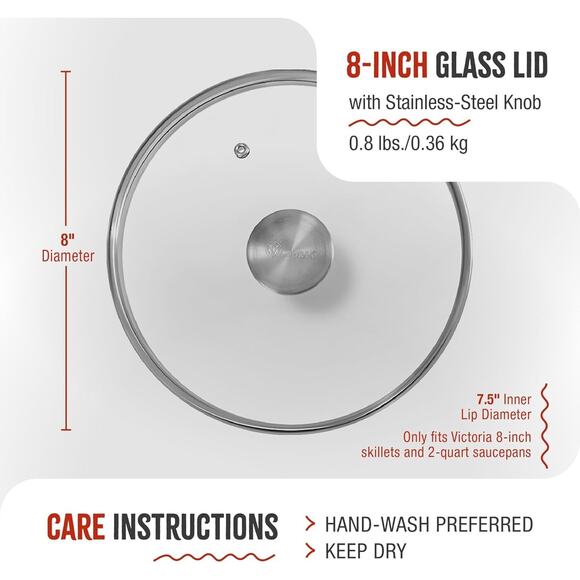 Victoria Round 8-Inch Glass Lid for Cast Iron Skillet or Pan w Stainless Knob - Picture 5 of 10